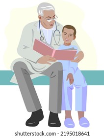 Doctor in the hospital reads a book to a little boy Boy and doctor smile Vector