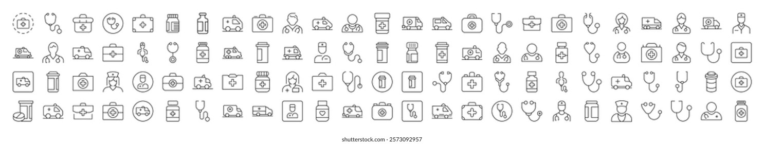 Doctor, Hospital, Stethoscope, Ambulance, Drugs Related Linear Illustrations Drawn with Thin Line for Interface, Booklets, Cards, Posts, Infographics 