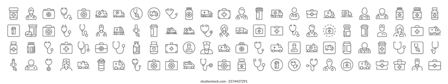 Doctor, Hospital, Stethoscope, Ambulance, Drugs Related Linear Signs Drawn with Thin Line for Interface, Booklets, Cards, Posts, Infographics