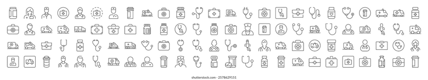 Doctor, Hospital, Stethoscope, Ambulance, Drugs Related Linear Symbol Drawn with Thin Line for Interface, Booklets, Cards, Posts, Infographics