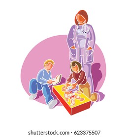 A doctor or hospital worker looks on as two children play with a medically related operations game