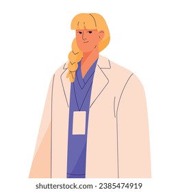 Doctor, trabajador del hospital de pie. Medicina, trabajo de enfermería en salud. Mujer con traje médico, retrato uniforme. Atención de salud, ayuda de emergencia empleada. Ilustración vectorial aislada plana sobre fondo blanco