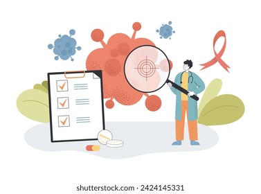 Doctor with huge magnifying glass looking at cancer cell vector illustration. Checklist, pills and pink ribbon as cancer awareness symbol. Effective methods of destruction of cancer cells