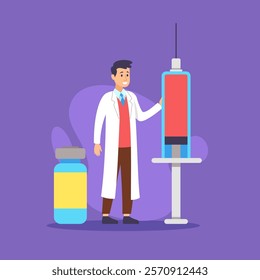 Doctor with huge syringe vector illustration. Medical specialist in white coat giving injection. Medicine, occupation, treatment, hospital and healthcare concept