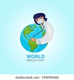 A doctor is hugging the earth and watching to see if everything is OK. It's represent World Health Day.