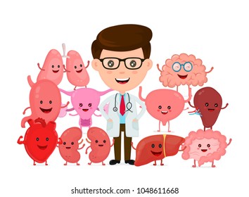 Doctor with human internal organs. Vector flat cartoon character illustration icon design. Isolted on white background. Stomach,heart,lungs,brain,kidney, uterus, spleen,bladder, liver, intestine