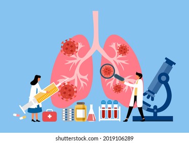 Doctor with human lung disease treatment and medicine  in flat design. Pulmonary disease therapy.