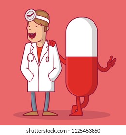 Doctor with a human size pill vector illustration. Medicine, medicament, medication, emergency, health design concept