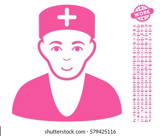 Doctor icon with bonus human images. Vector illustration style is flat iconic pink symbols on white background.