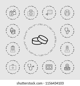 Doctor icon. collection of 13 doctor outline icons such as tablet, drop counter, medical kit, medical reflector, emoji in mask. editable doctor icons for web and mobile.