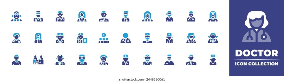 Doctor icon collection. Duotone color. Vector illustration. Containing doctorconsultation, doctor, medicalteam, dentist, nurse, veterinarian, gynecologist.