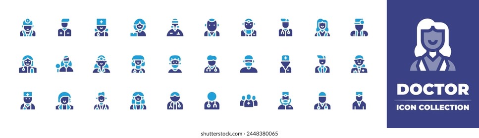 Doctor icon collection. Duotone color. Vector illustration. Containing medicalteam, doctor, transplantologist, dermatologist, health, psychiatrist, woman.