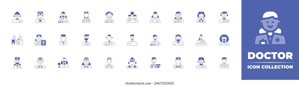 Doctor icono colección. Trazo de línea de estilo duotono y negrita. Ilustración vectorial. Conteniendo consulta médica, médico, hombre, equipo médico, ginecólogo, mascarilla médica, mujer.