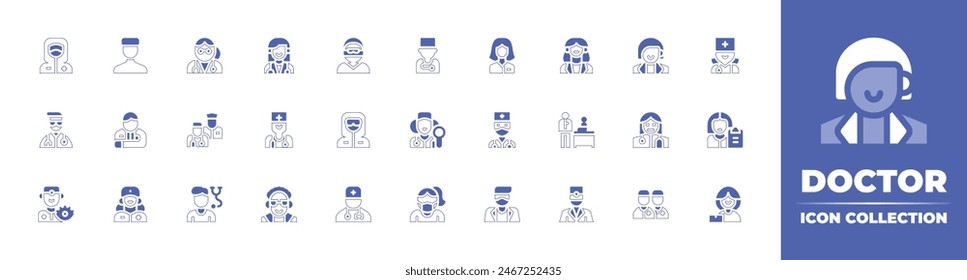 Doctor icono colección. Trazo de línea de estilo duotono y negrita. Ilustración vectorial. Conteniendo médico, equipo médico, entdoctor, pediatra, psiquiatra, oftalmólogo, mascarilla médica, mujer.