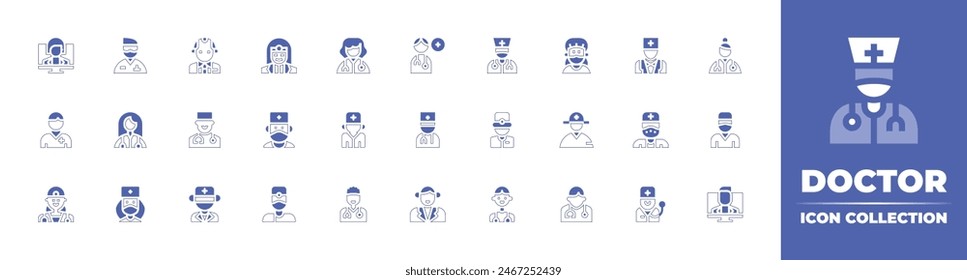 Doctor icon collection. Duotone style line stroke and bold. Vector illustration. Containing doctorconsultation, doctor, surgeon, health, nurse, gynecologist.