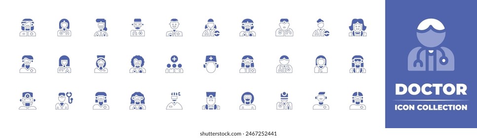 Doctor icon collection. Duotone style line stroke and bold. Vector illustration. Containing doctor, medicalteam, surgeon, nurse, dentist, woman, man.