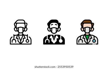 Doctor Icon in different style. vector icon represented by a man wearing a suit and a stethoscope. ideal for healthcare theme.