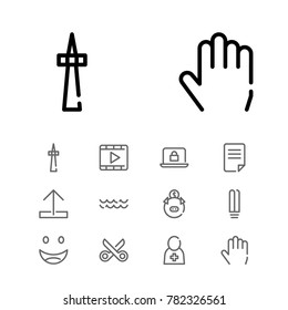 Doctor icon with document, upload and video editable symbols. Set of communication tower, laptop, specialist icons and palm concept. Editable vector elements for logo web mobile app UI design.