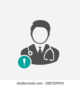 Doctor icon with exclamation mark. Doctor icon and alert, error, alarm, danger symbol. Vector illustration