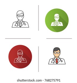 Doctor icon. Flat design, linear and color styles. Medical worker. Practitioner. Scientist. Isolated vector illustrations