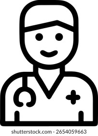 Doctor Icon – Flat Medical Professional Silhouette Vector. Black vector icon representing a medical doctor, illustrated in a clean silhouette style. The figure features a person wearing a stethoscope 