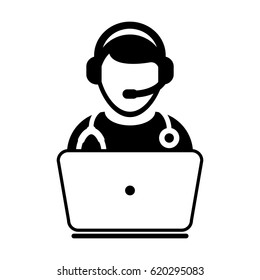 Doctor Icon - Flat Vector, Person Avatar Symbol With Laptop and Wearing Headset for On-line Consultation for Advice and Support Service for Patient in Glyph Pictogram illustration