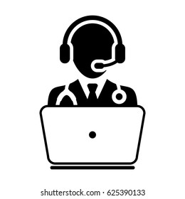 Doctor Icon - Flat Vector, Person Avatar Symbol With Laptop and Wearing Headset for On-line Consultation for Advice and Support Service for Patient in Glyph Pictogram illustration