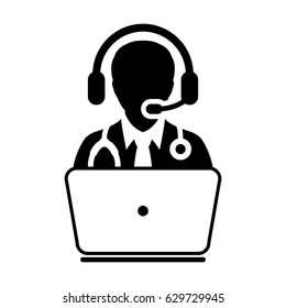 Doctor Icon - Flat Vector, Person Avatar Symbol With Laptop and Wearing Headset for On line Consultation for Advice and Support Service for Patient in Glyph Pictogram illustration