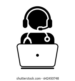 Doctor Icon - Flat Vector, Person Avatar Symbol With Laptop and Wearing Headset for On-line Consultation for Advice and Support Service for Patient in Glyph Pictogram illustration
