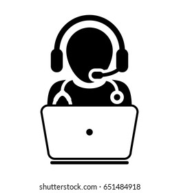 Doctor Icon - Flat Vector, Physician Avatar Symbol With Laptop and Wearing Headset for On-line Consultation for Advice and Support Service for Patient in Glyph Pictogram illustration