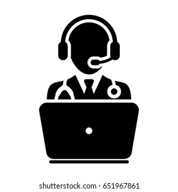 Doctor Icon - Flat Vector, Physician Avatar Symbol With Laptop and Wearing Headset for On-line Consultation for Advice and Support Service for Patient in Glyph Pictogram illustration