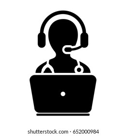Doctor Icon - Flat Vector, Physician Avatar Symbol With Laptop and Wearing Headset for On-line Consultation for Advice and Support Service for Patient in Glyph Pictogram illustration