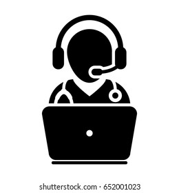 Doctor Icon - Flat Vector, Physician Avatar Symbol With Laptop and Wearing Headset for On-line Consultation for Advice and Support Service for Patient in Glyph Pictogram illustration