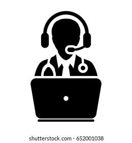 Doctor Icon - Flat Vector, Physician Avatar Symbol With Laptop and Wearing Headset for On-line Consultation for Advice and Support Service for Patient in Glyph Pictogram illustration