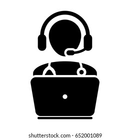 Doctor Icon - Flat Vector, Physician Avatar Symbol With Laptop and Wearing Headset for On-line Consultation for Advice and Support Service for Patient in Glyph Pictogram illustration