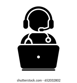 Doctor Icon - Flat Vector, Physician Avatar Symbol With Laptop and Wearing Headset for On-line Consultation for Advice and Support Service for Patient in Glyph Pictogram illustration