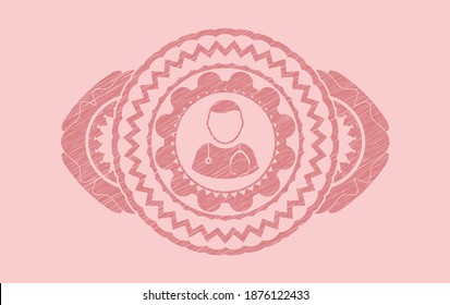 Doctor icon inside Pink stroke badge. Rose color fashionable background. Illustration. 