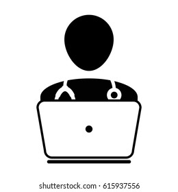 Doctor Icon With Laptop Computer Avatar for On line Consultation of Live Chat Advice for Patient In Vector Glyph Pictogram illustration