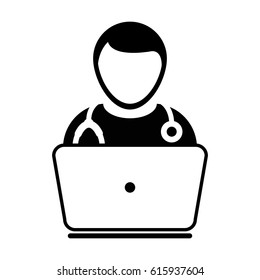 Doctor Icon With Laptop Computer Avatar For On Line Consultation Of Live Chat Advice For Patient In Vector Glyph Pictogram Illustration