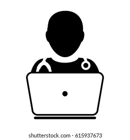 Doctor Icon With Laptop Computer Avatar for On line Consultation of Live Chat Advice for Patient In Vector Glyph Pictogram illustration