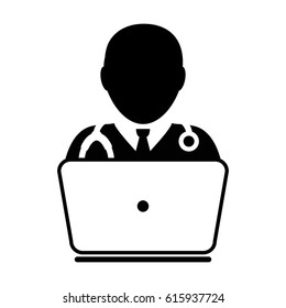 Doctor Icon With Laptop Computer Avatar for On line Consultation of Live Chat Advice for Patient In Vector Glyph Pictogram illustration