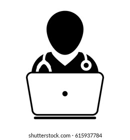 Doctor Icon With Laptop Computer Avatar For On Line Consultation Of Live Chat Advice For Patient In Vector Glyph Pictogram Illustration