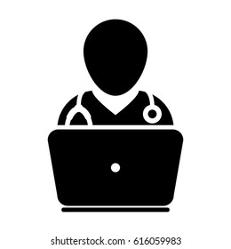 Doctor Icon With Laptop Computer Avatar for On-line Consultation of Live Chat Advice for Patient In Vector Glyph Pictogram illustration