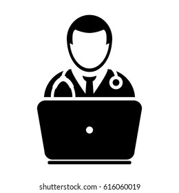 Doctor Icon With Laptop Computer Avatar for On-line Consultation of Live Chat Advice for Patient In Vector Glyph Pictogram illustration