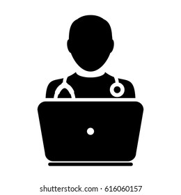 Doctor Icon With Laptop Computer Avatar for On-line Consultation of Live Chat Advice for Patient In Vector Glyph Pictogram illustration