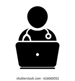 Doctor Icon With Laptop Computer Avatar for On-line Consultation of Live Chat Advice for Patient In Vector Glyph Pictogram illustration