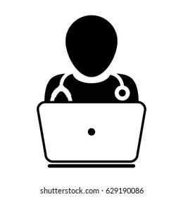 Doctor Icon With Laptop Computer Avatar for On line Consultation of Live Chat Advice for Patient In Vector Glyph Pictogram illustration