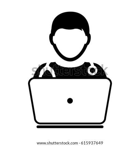 Doctor Icon With Laptop Computer Avatar for On line Consultation of Live Chat Advice for Patient In Vector Glyph Pictogram illustration