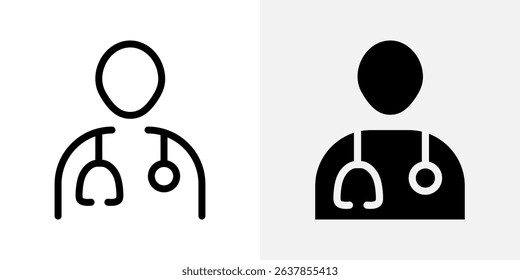 Doctor icon. Medical professional with stethoscope on shoulders sign. Healthcare, diagnosis, and patient care symbol. Hospital staff and treatment expert pictogram. Clinical illustration.