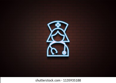 doctor icon in Neon  on dark brick wall background